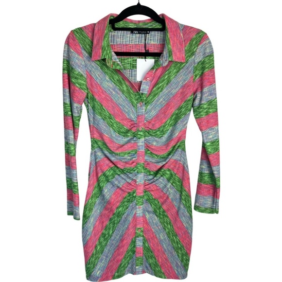 NWT Zara Pink, Green and Blue Heathered stripe shirt dress size M - Picture 1 of 3